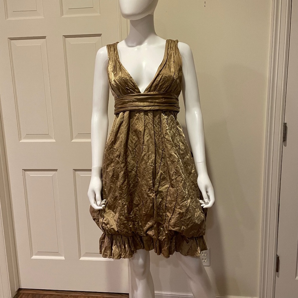 Vintage crinkle satin gold bubble hem cocktail dress.